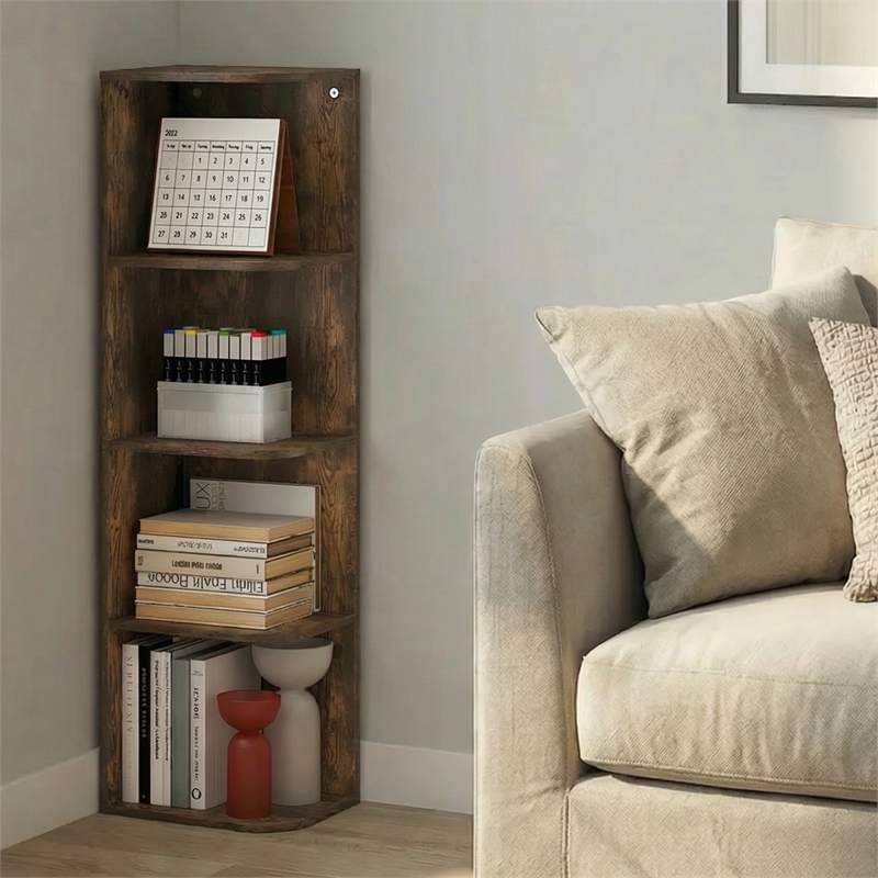 Furinno PASIR 4-Tier Corner Open Shelf Bookshelf 9.3 x 12 x 41.4 Amber Pine