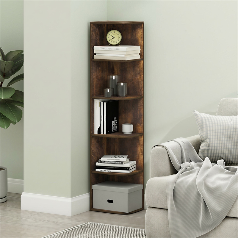 Furinno PASIR 5-Tier Corner Open Shelf Bookshelf 9.3 x 12 x 51.7 Amber Pine