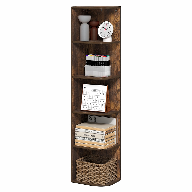 Furinno PASIR 5-Tier Corner Open Shelf Bookshelf 9.3 x 12 x 51.7 Amber Pine