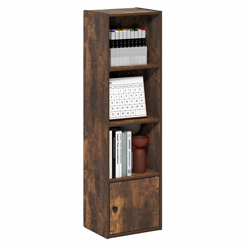 Furinno LUDER 4-Tier Bookcase with 1 Door Cabinet 9.3 x 12 x 41.8 Amber Pine