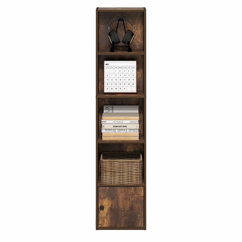 Furinno LUDER 5-Tier Bookcase with 1 Door Cabinet 9.3 x 12 x 52 Amber Pine