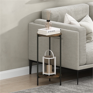 Furinno BESI 2-Tier Round Narrow Metal Frame Metal Legs End Table Amber Pine