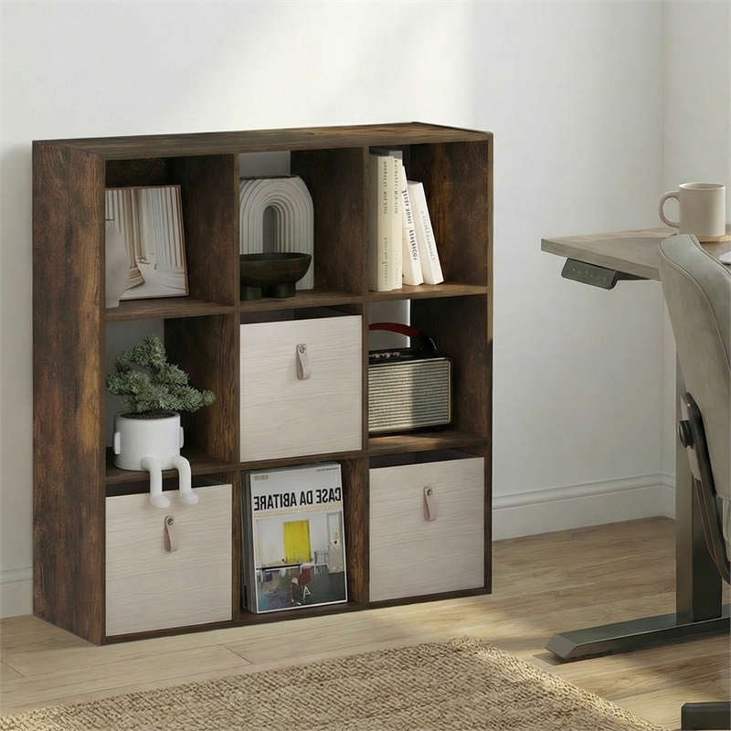 Furinno PELLI 9-Cube 3x3 Cube Bookcase 11.7 x 35.3 x 35.4 Amber Pine
