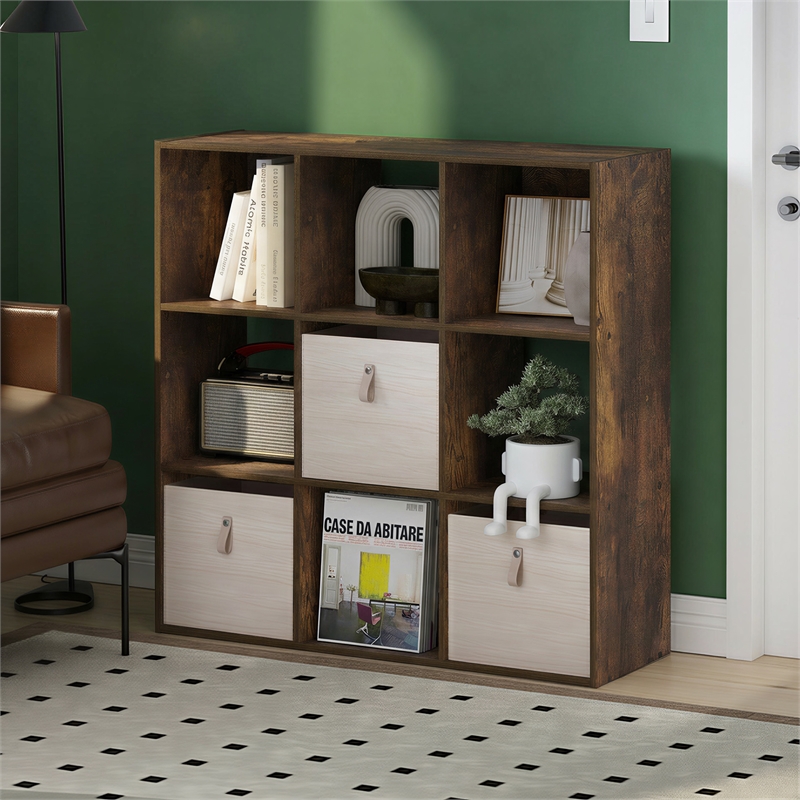 Furinno PELLI 9-Cube 3x3 Cube Bookcase 11.7 x 35.3 x 35.4 Amber Pine