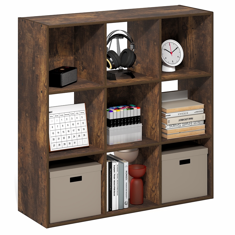 Furinno PELLI 9-Cube 3x3 Cube Bookcase 11.7 x 35.3 x 35.4 Amber Pine