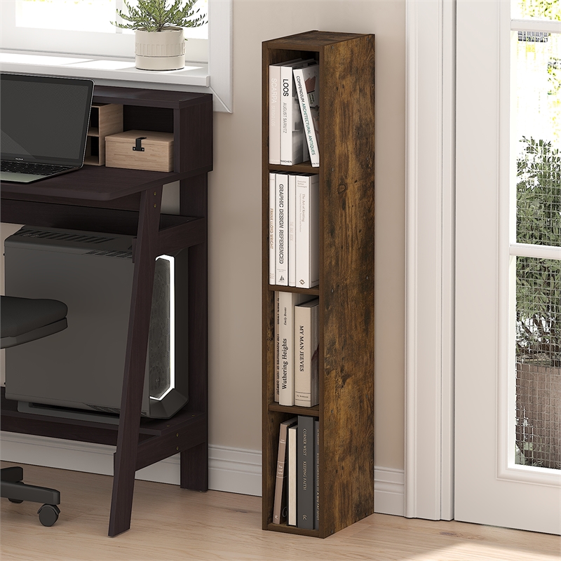 Furinno FULDA 4-Tier 6-In Width Narrow Bookcase 9.3 x 5.9 x 41.6 Amber Pine