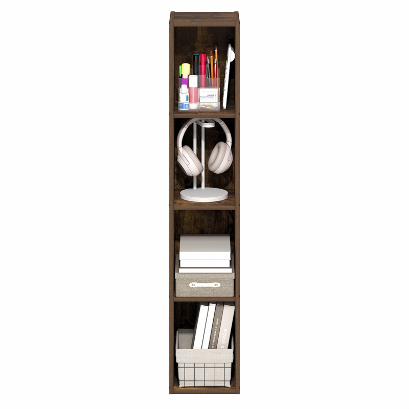 Furinno FULDA 4-Tier 8-In Width Narrow Bookcase 9.3 x 7.9 x 41.6 Amber Pine