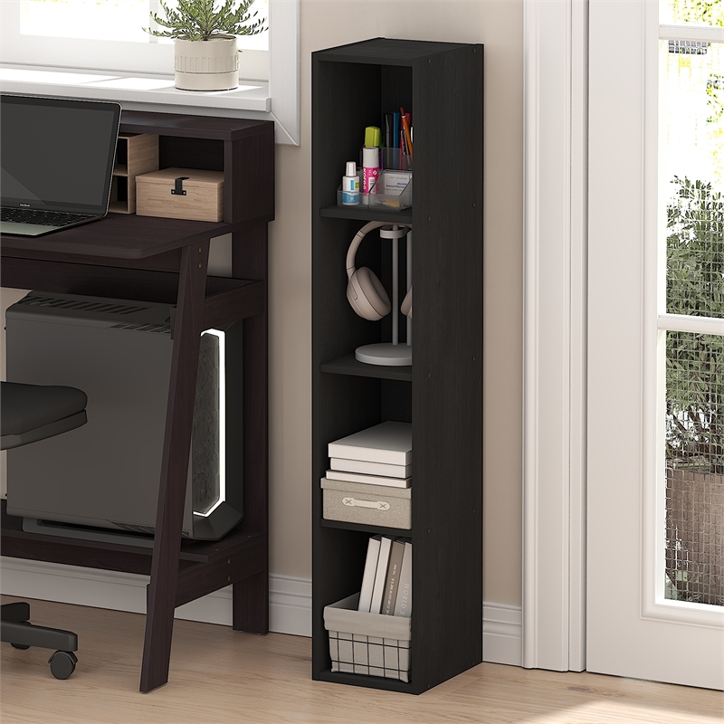 Furinno FULDA 4-Tier 8-In Width Narrow Bookcase 9.3 x 7.9 x 41.6 Blackwood