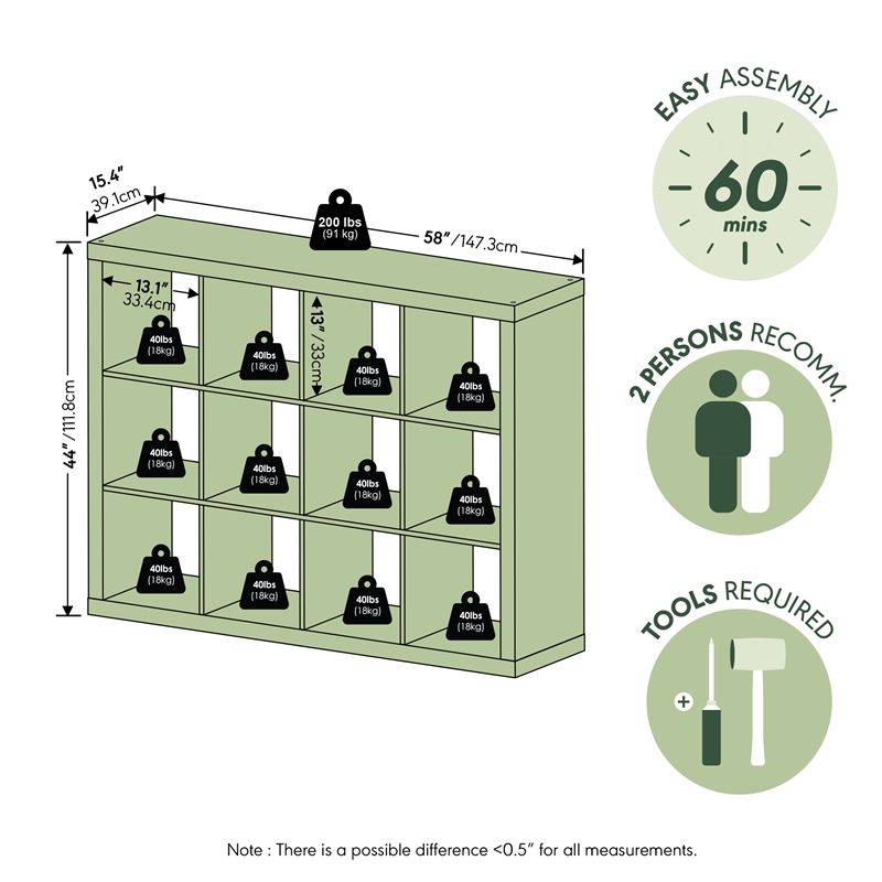 Furinno CUBICLE 12-Cube 2-Inch Thick Reversible Bookcase 15.4 x 58 x 44 White