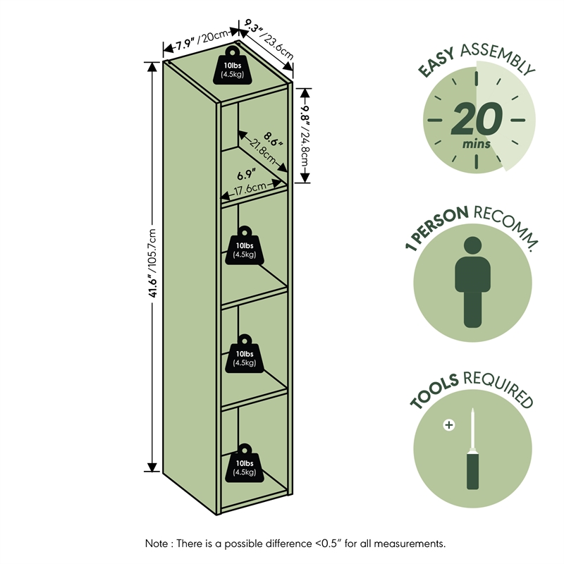 Furinno FULDA 4-Tier 8-In Width Narrow Bookcase 9.3 x 7.9 x 41.6 White