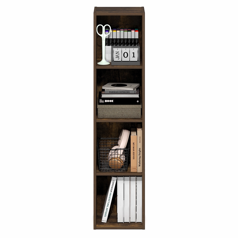 Furinno FULDA 4-Tier 10-In Width Narrow Bookcase 9.3 x 9.8 x 41.6 Amber Pine