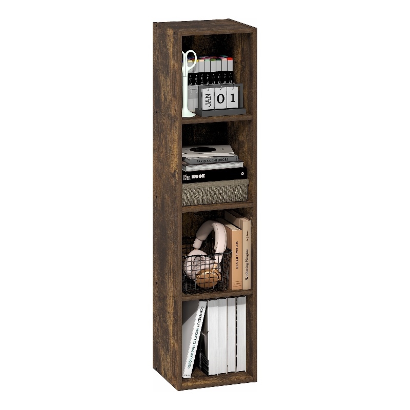 Furinno FULDA 4-Tier 10-In Width Narrow Bookcase 9.3 x 9.8 x 41.6 Amber Pine