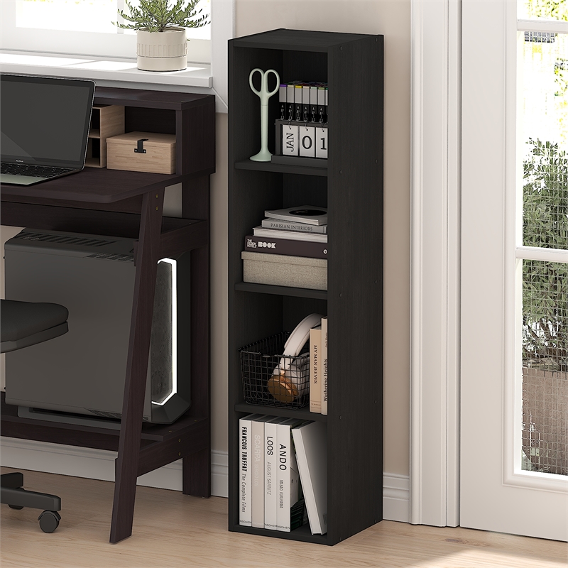 Furinno FULDA 4-Tier 10-In Width Narrow Bookcase 9.3 x 9.8 x 41.6 Blackwood
