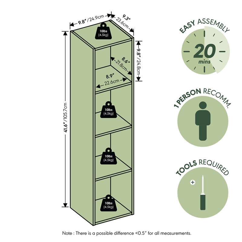 Furinno FULDA 4-Tier 10-In Width Narrow Bookcase 9.3 x 9.8 x 41.6 Blackwood