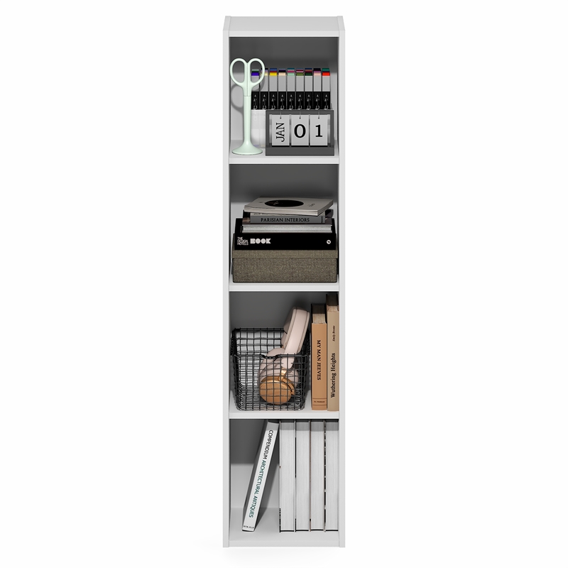 Furinno FULDA 4-Tier 10-In Width Narrow Bookcase 9.3 x 9.8 x 41.6 White