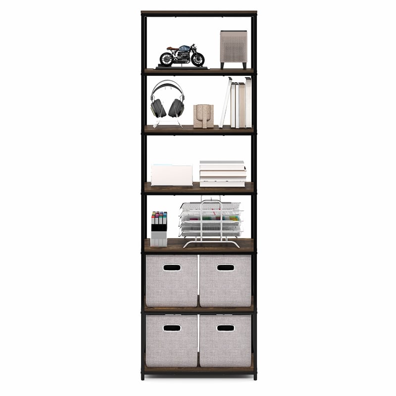 Furinno SIMPLISTIC 7-Tier Metal Frame Bookcases 11.8 x 23.6 x 74.9 Amber Pine