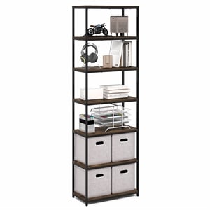 Furinno SIMPLISTIC 7-Tier Metal Frame Bookcases 11.8 x 23.6 x 74.9 Amber Pine