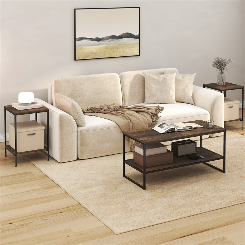 Furinno SIMPLISTIC Set of 3 Metal Frame 2-Tier Coffee Table Amber Pine
