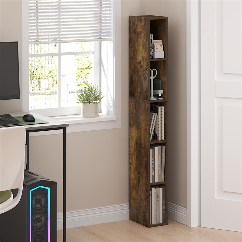 Furinno FULDA 5-Tier 6-In Width Narrow Bookcase 9.3 x 5.9 x 51.9 Amber Pine