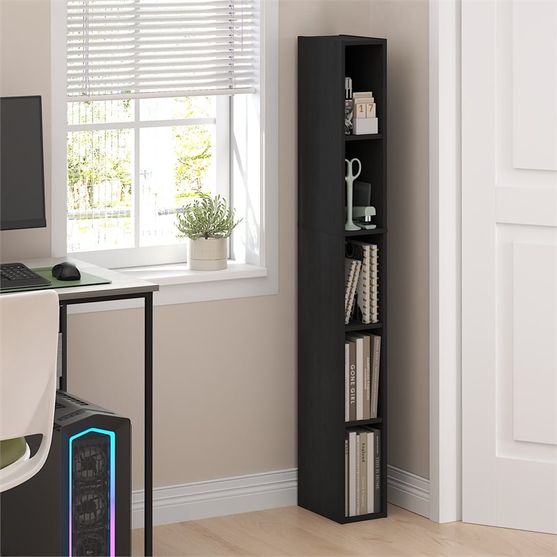 Furinno FULDA 5-Tier 6-In Width Narrow Bookcase 9.3 x 5.9 x 51.9 Blackwood