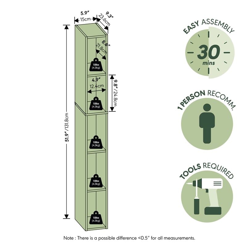 Furinno FULDA 5-Tier 6-In Width Narrow Bookcase 9.3 x 5.9 x 51.9 Blackwood