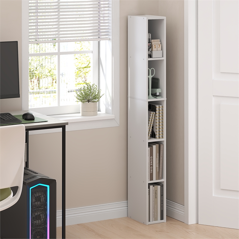 Furinno FULDA 5-Tier 6-In Width Narrow Bookcase 9.3 x 5.9 x 51.9 White