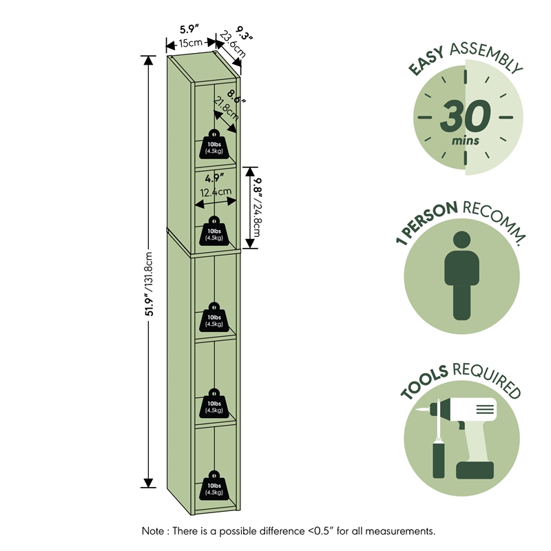 Furinno FULDA 5-Tier 6-In Width Narrow Bookcase 9.3 x 5.9 x 51.9 White