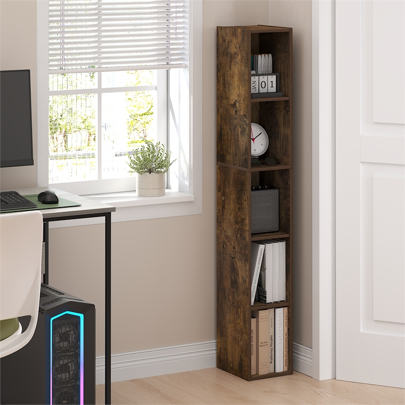 Furinno FULDA 5-Tier 8-In Width Narrow Bookcase 9.3 x 7.9 x 51.9 Amber Pine