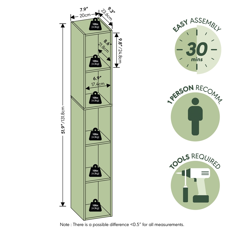 Furinno FULDA 5-Tier 8-In Width Narrow Bookcase 9.3 x 7.9 x 51.9 Amber Pine