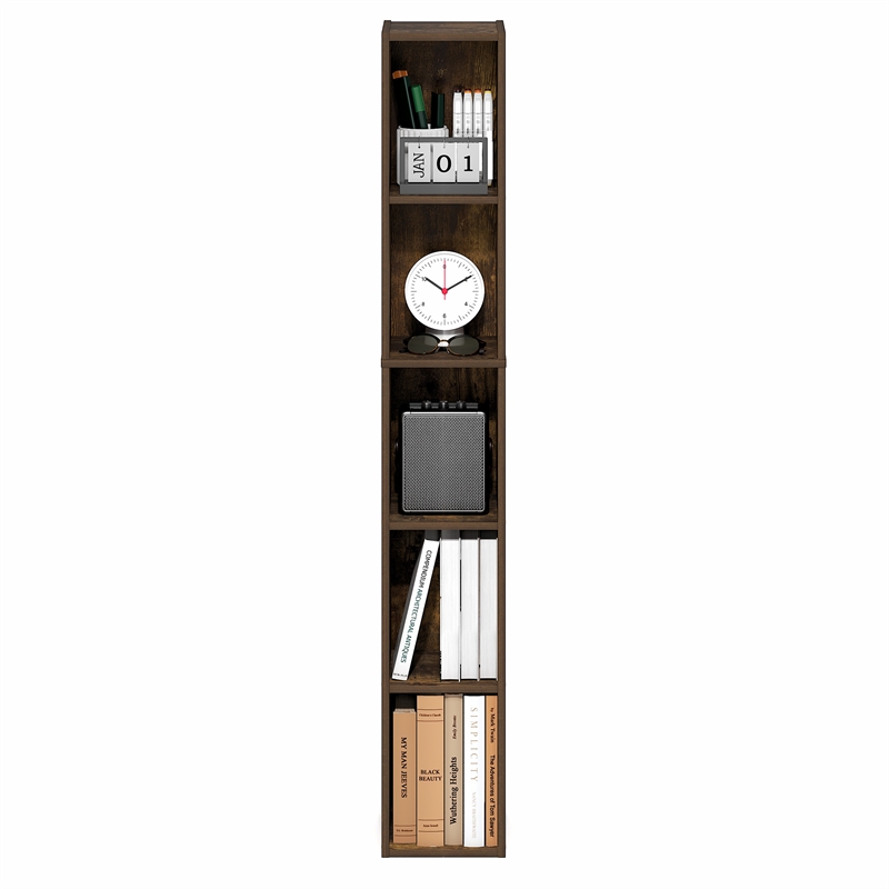 Furinno FULDA 5-Tier 8-In Width Narrow Bookcase 9.3 x 7.9 x 51.9 Amber Pine
