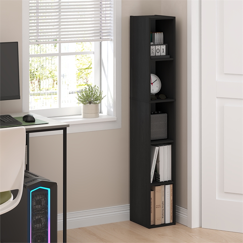 Furinno FULDA 5-Tier 8-In Width Narrow Bookcase 9.3 x 7.9 x 51.9 Blackwood