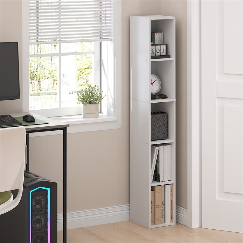 Furinno FULDA 5-Tier 8-In Width Narrow Bookcase 9.3 x 7.9 x 51.9 White