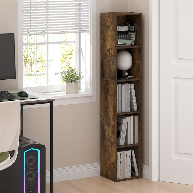 Furinno FULDA 5-Tier 10-In Width Narrow Bookcase 9.3 x 9.8 x 51.9 Amber Pine