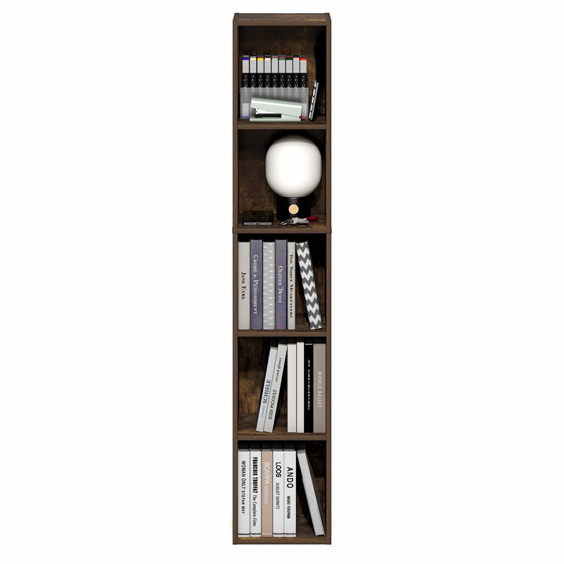 Furinno FULDA 5-Tier 10-In Width Narrow Bookcase 9.3 x 9.8 x 51.9 Amber Pine