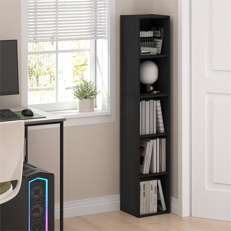 Furinno FULDA 5-Tier 10-In Width Narrow Bookcase 9.3 x 9.8 x 51.9 Blackwood