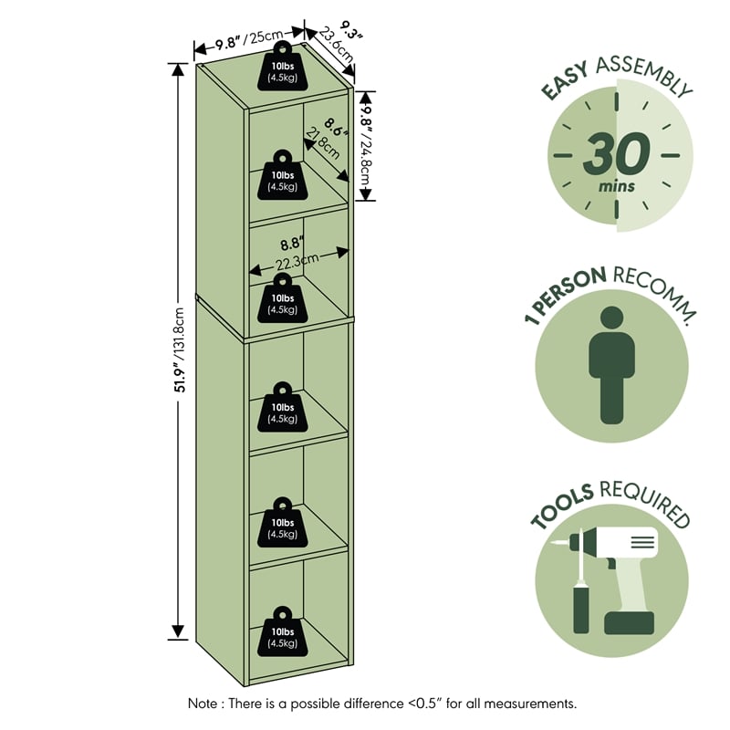 Furinno FULDA 5-Tier 10-In Width Narrow Bookcase 9.3 x 9.8 x 51.9 Blackwood