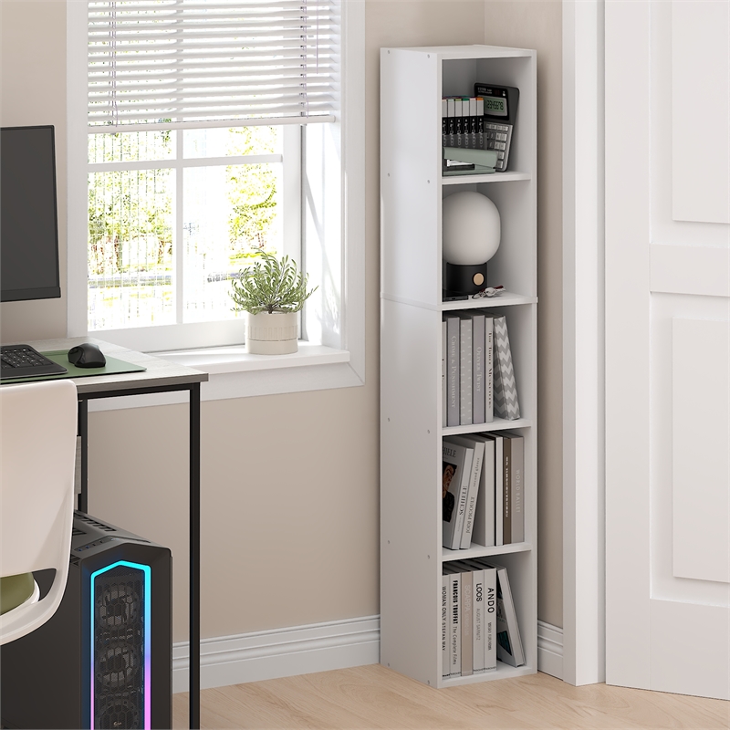 Furinno FULDA 5-Tier 10-In Width Narrow Bookcase 9.3 x 9.8 x 51.9 White