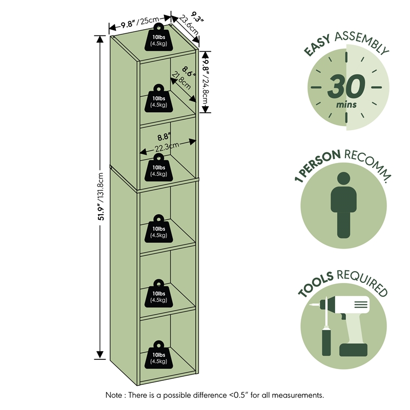 Furinno FULDA 5-Tier 10-In Width Narrow Bookcase 9.3 x 9.8 x 51.9 White