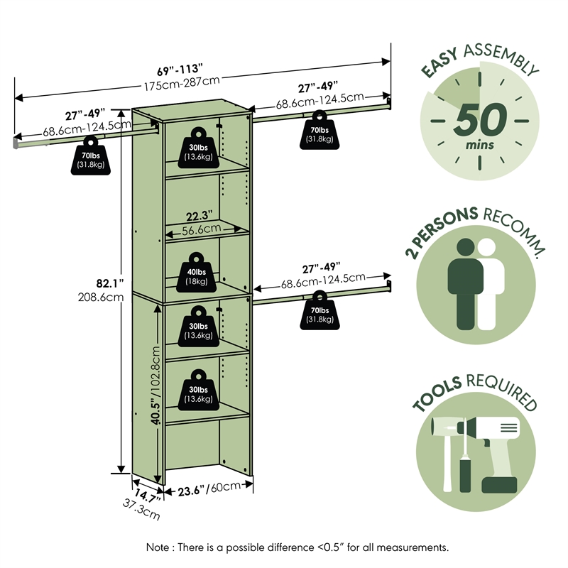 Furinno FANO 5-Tier Adjustable Closet Storage Organizer 14.8 x 23.6 x 82.1 White