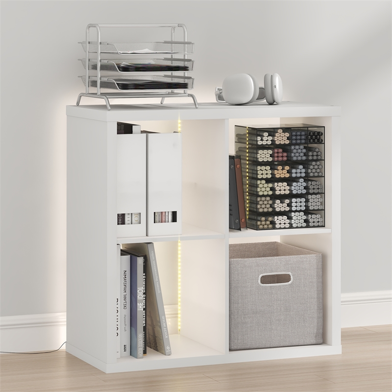 Furinno CUBICLE LED Lights 4-Cube Reversible Extra Thick Frame Bookcase White