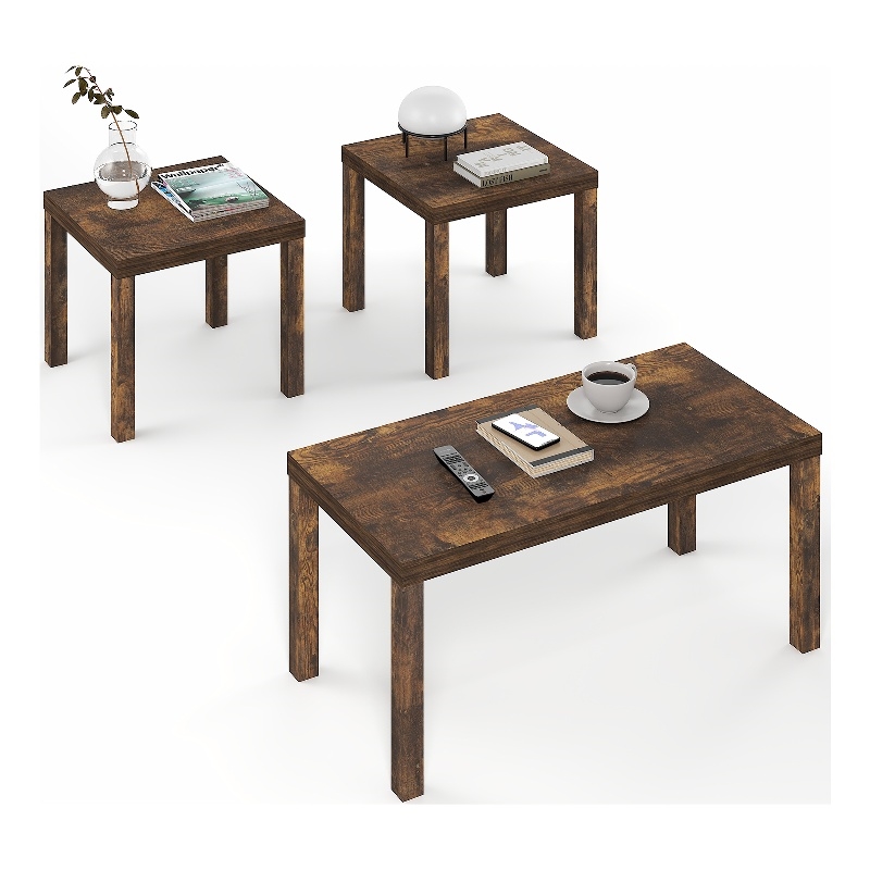 Furinno CLASSIC Coffee/Side Tables Set 1.8 Inch Thick Tabletop Amber Pine