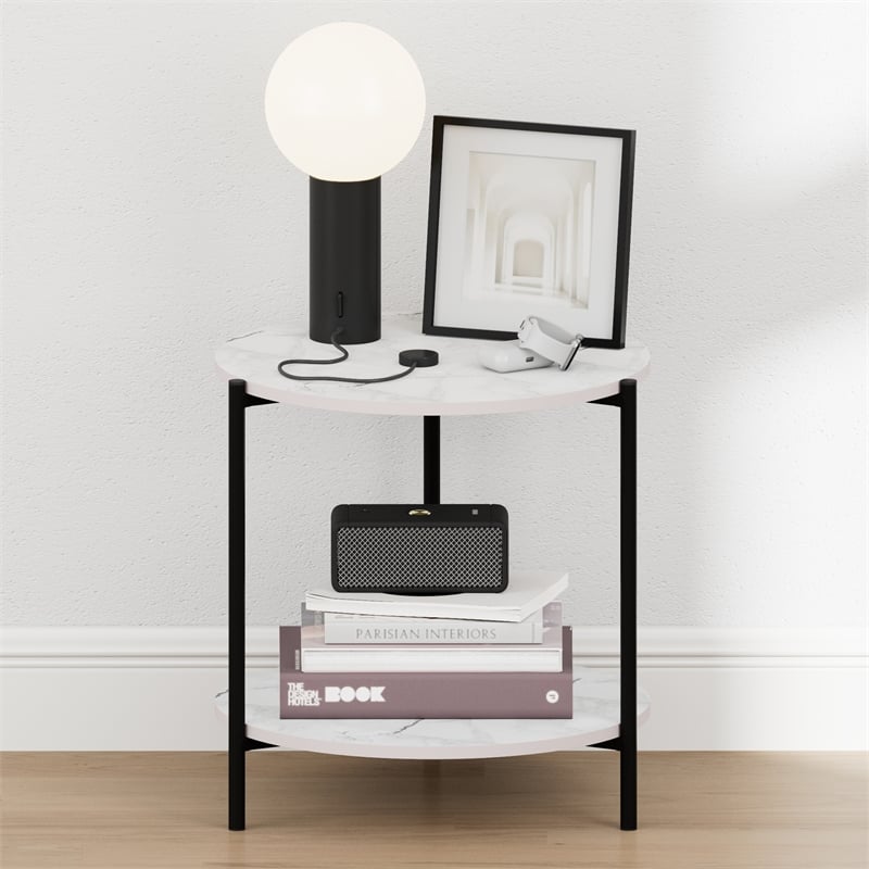Furinno BESI 2-Tier Wide Round Nightstand Metal Legs/Frame EndTable Marble White
