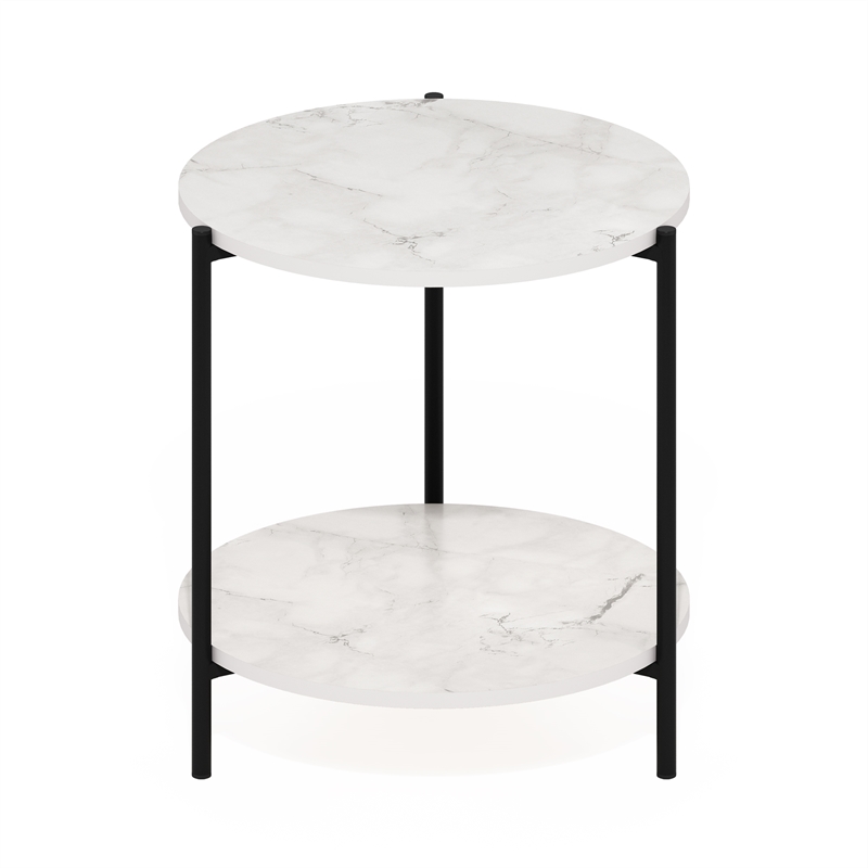 Furinno BESI 2-Tier Wide Round Nightstand Metal Legs/Frame EndTable Marble White