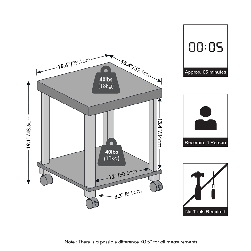 Furinno TURN-N-TUBE 2-Tier Thick Tabletop Nightstand/Wheels Toolless Espresso