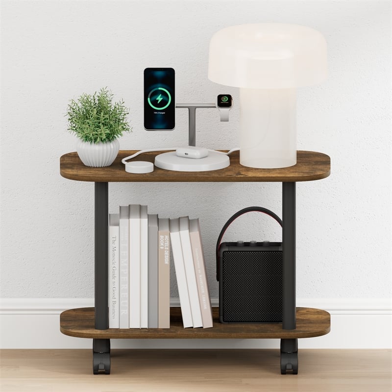 Furinno TURN-N-TUBE 2-Tier Oval Nightstand/Wheels Round Corner Amber Pine