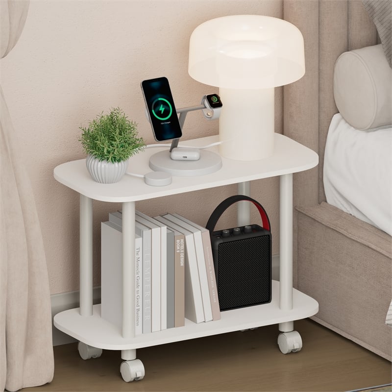 Furinno TURN-N-TUBE 2-Tier Oval Nightstand/Wheels Round Corner White
