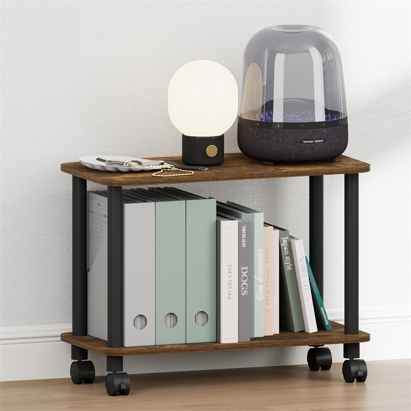 Furinno TURN-N-TUBE 2-Tier Toolless Nightstand/Wheels Round Corner Amber Pine