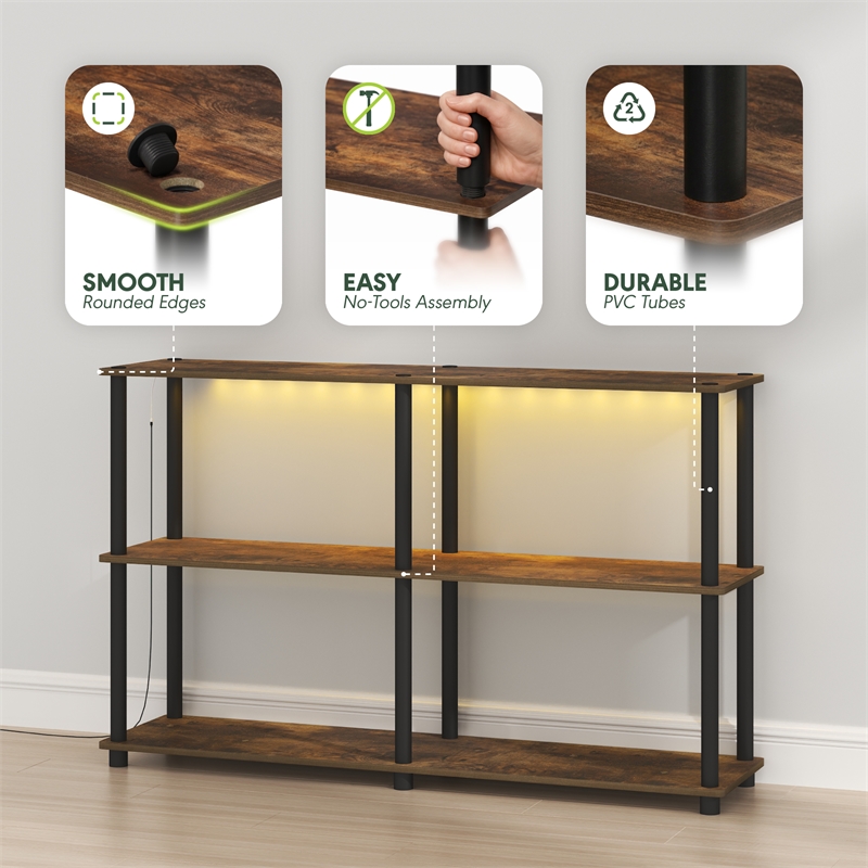 Furinno TURN-N-TUBE 3-Tier 47.4 Wide LED Lights Toolless Corner Shelf Amber Pine