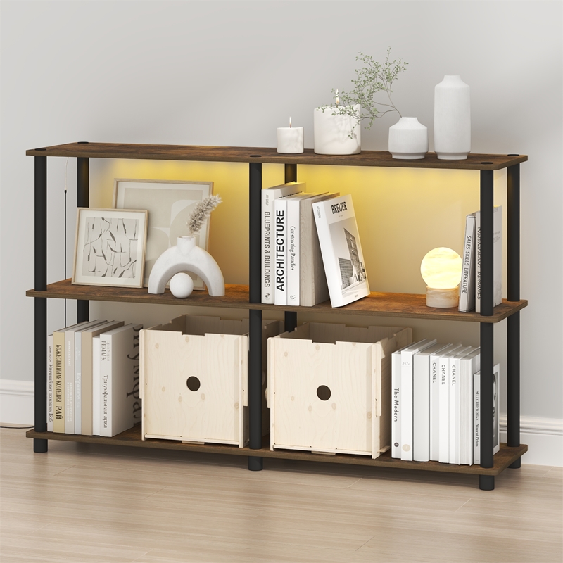Furinno TURN-N-TUBE 3-Tier 47.4 Wide LED Lights Toolless Corner Shelf Amber Pine