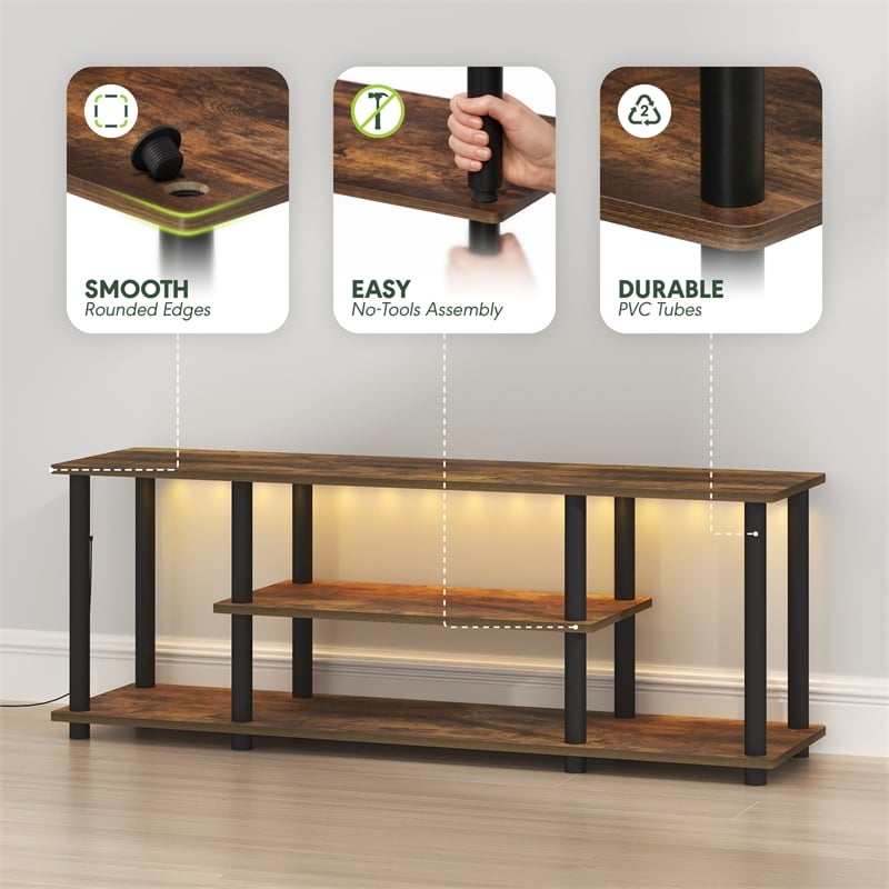 Furinno TURN-N-TUBE 3-Tier LED No Tools TV Stand for TV up to 50 Inch Amber Pine